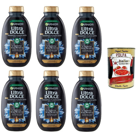 G Ultra Dolce G. Ultra Dolce Shampoo Purificante e Idratante Carbone Magnetico, Reinigendes und feuchtigkeitsspendendes magnetisches Aktivkohle-Shampoo, 6x250 ml Original italienisch inkl. Italian Gourmet Polpa 400g
