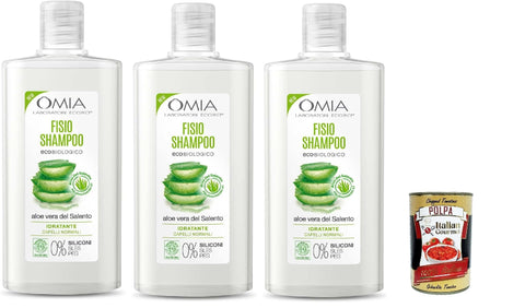 Italian Gourmet E.R. Shampoos Omia, Fisio Eco Bio Shampoo, Mit Aloe Vera, für normale Haare, Feuchtigkeit und Balancing, geeignet für häufige Verwendung, ohne Silikone, 3x 200 ml + Italian Gourmet polpa 400g 8032804040014
