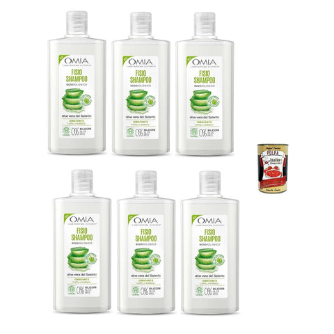 Omia Fisio Eco Bio Shampoo, Mit Aloe Vera, für normale Haare, Feuchtigkeit und Balancing, geeignet für häufige Verwendung, ohne Silikone, 6x 200 ml Original italienisch inkl. Italian Gourmet Polpa 400g