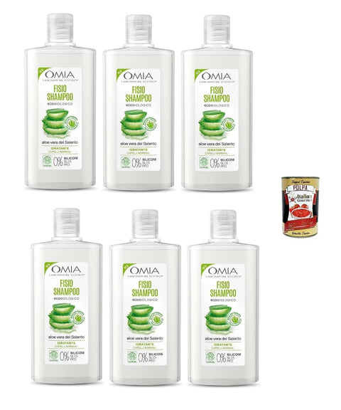 Italian Gourmet E.R. Shampoos Omia, Fisio Eco Bio Shampoo, Mit Aloe Vera, für normale Haare, Feuchtigkeit und Balancing, geeignet für häufige Verwendung, ohne Silikone, 6x 200 ml + Italian Gourmet polpa 400g 8032804040014
