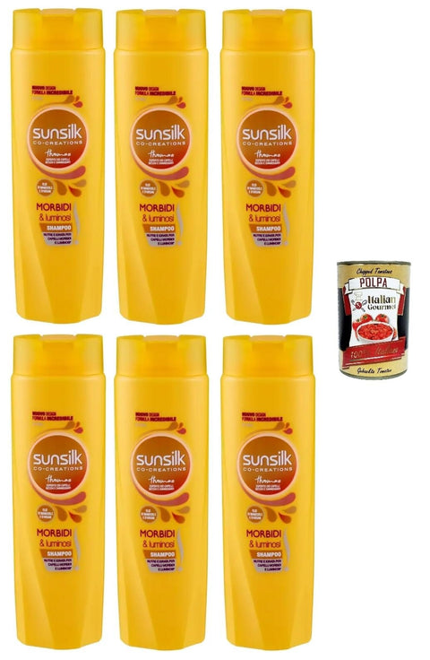 Italian Gourmet E.R. Shampoos Sunsilk Morbidi e Luminosi Shampo per capelli secchi Weiches und glänzendes Shampoo für trockenes Haar 6x250ml + Italian Gourmet Polpa 400g Dose 8720182541345
