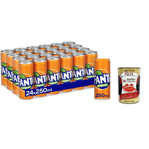 CocaCola Fanta Taste - Dosen mit italienischem Orangensaft, ohne Konservierungsmittel, 100% recycelbare, erfrischender Geschmack, funkelnde Erfrischungsgetränk 24x 330 ml inkl. Italian Gourmet polpa 400g Original italienisch