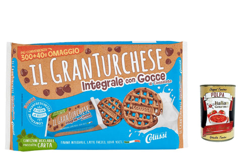 Italian Gourmet E.R. Snack Kuchen & Backwaren 12x Colussi Granturchese Con Farina Integrale e Gocce di Cioccolato mit Vollkornmehl und Schokoladenstückchen Kekse cookie Kleingebäck 340g + Italian Gourmet polpa 400g 8032804040014