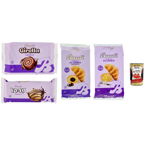 Motta Bauli Testpaket, Girella - Yo yo - Croissants, Kuchen Süßer Snack Backwaren mit Kakaofüllung, Ohne Konservierungsstoffe und Farbstoffe mit nur natürlichen Aromen 4 Stuck inkl. Italian Gourmet polpa 400g Original italienisch