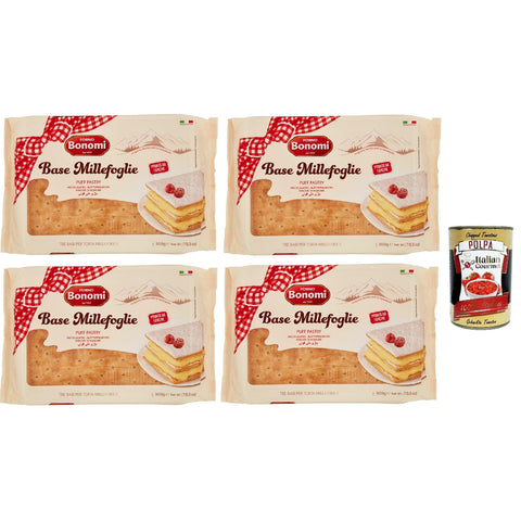 Bonomi Base per Millefoglie, Blätterteigboden, Puff Pastry Base für Millefoglie Kuchen 4x 300g Original italienisch inkl. Italian Gourmet Polpa 400g