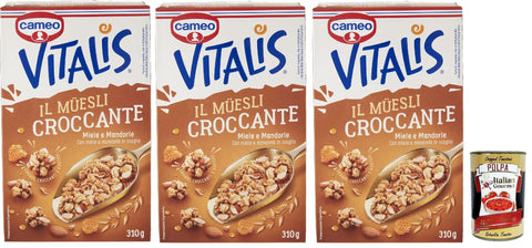 Italian Gourmet E.R. Snack Kuchen & Backwaren Cameo Vitalis Miele e Mandorle, Müsli knusprige getrocknete Honig und Mandeln Hafer Mandeln Anacardi Haselnüsse und Pekannusswalnüsse, 3x 310 g + Italian Gourmet polpa 400g 8032804040014