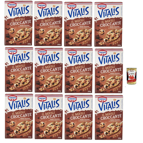 Cameo Vitalis Muesli Croccante Double Chocolate, Müsli knusprige Doppelschokolade mit ganzen Haferflocken aus dunkler Schokolade und Milch, 12x 310 g Original italienisch inkl. Italian Gourmet Polpa 400g