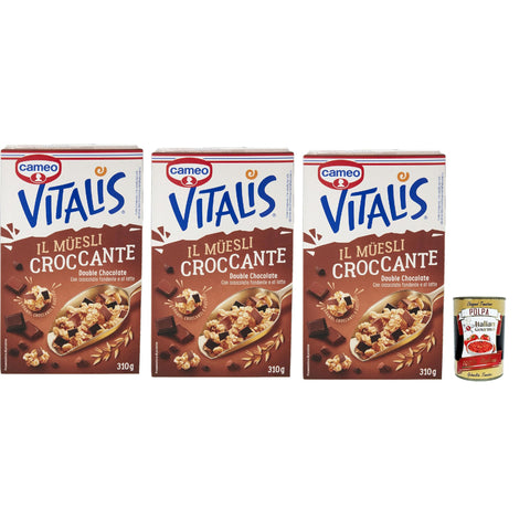 Cameo Vitalis Muesli Croccante Double Chocolate, Müsli knusprige Doppelschokolade mit ganzen Haferflocken aus dunkler Schokolade und Milch, 3x 310 g Original italienisch inkl. Italian Gourmet Polpa 400g