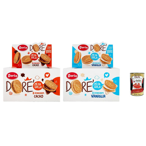 Doria Dore', Testpaket Kekse mit Kakaofüllung und Vanillefüllung, 2x BOX 20x75g Original italienisch inkl. Italian Gourmet Polpa 400g
