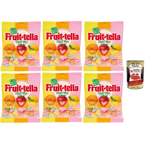 Fruittella Fruit Mix Chewy, Weich orange, Erdbeer- und Zitronen -Aroma -Süßigkeiten mit Fruchtsaft, 6x 160g Original italienisch inkl. Italian Gourmet Polpa 400g