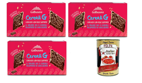 Italian Gourmet E.R. Snack Kuchen & Backwaren Galbusera Cereali G extra dunkle Schokoladencracker, crackers mit Durchstöre mit aufgebrauchtem Reis 3x 150g + Italian Gourmet polpa 400g 8032804040014
