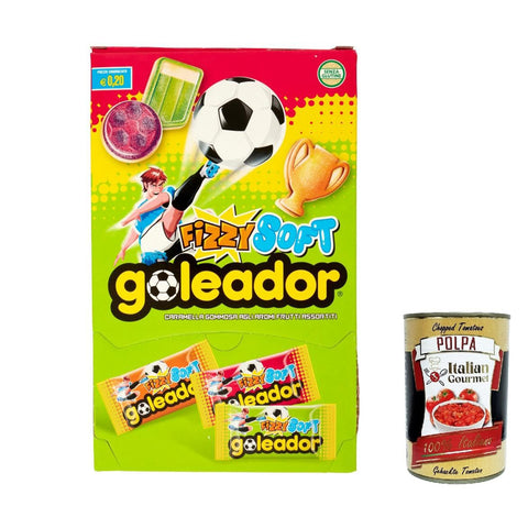 Goleador Fizzy Soft 180 St. Die doppelte gummiartige und funkelnde Süßigkeiten.Die Formen der Welt des Fußballs: der Ball, der Scudetto und der Pokal. Original italienisch inkl. Italian Gourmet Polpa 400g