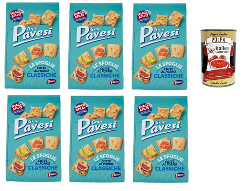 Italian Gourmet E.R. Snack Kuchen & Backwaren Gran Pavesi Sfoglie Classiche Cracker im Ofen gebacken knusprig Salzgebäck snack 6x 180 gr + Italian Gourmet polpa 400g 8032804040014