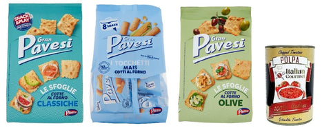 Italian Gourmet E.R. Snack Kuchen & Backwaren Gran Pavesi Sfoglie, Tocchetti di mas Testpaket Cracker im Ofen gebacken knusprig Salzgebäck snack 2x 180 gr - 1x 256g + Italian Gourmet polpa 400g 8032804040014