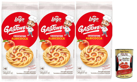 Italian Gourmet E.R. Snack Kuchen & Backwaren Lago 1968, Le Merende di Gastone Crostatine all'Albicocca, Aprikosentörtchen kuchen, einzeln verpackt, Aprikosenmarmelade, Kindersnack ohne Palmöl 3x 240g + Italian Gourmet polpa 400g 8032804040014