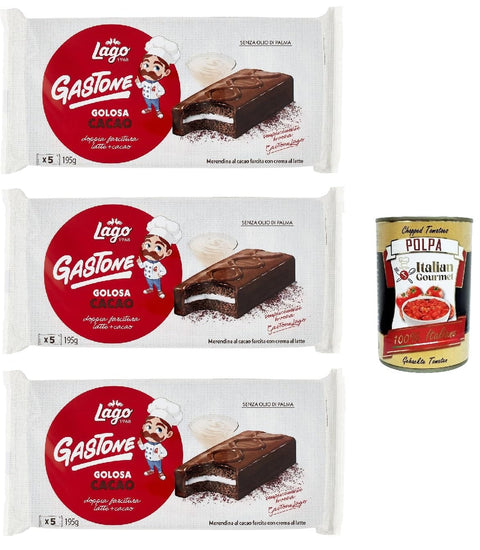 Italian Gourmet E.R. Snack Kuchen & Backwaren Lago 1968, Le Merende di Gastone Golosa al Cacao, Kuchen Snacks mit Milchcreme und Kakaoabdeckung 3x 195g, natürlich ohne Palmöl lassen + Italian Gourmet polpa 400g 8032804040014