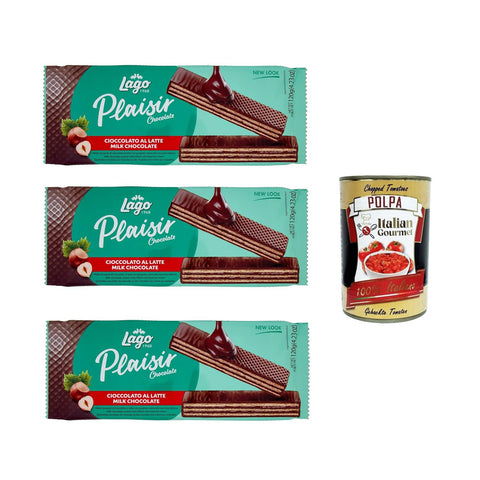 Lago Plaisir 3x 120g, Wafer mit Milchschokolade bedeckt und mit Haselnusscreme 57% gefüllt Original italienisch inkl. Italian Gourmet Polpa 400g