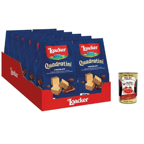 Loacker Quadratini Chocolate - Kubets zum Essen in einem Bissen mit fünf Schichten Wafer -Cialdine und vier Schokoladencreme - Snack,12x 150 g Original italienisch inkl. Italian Gourmet Polpa 400g