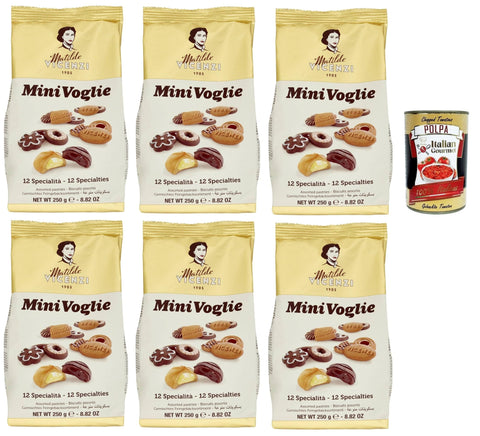 Matilde Vicenzi Biscotti Minivoglie, Auswahl an Gebäck, Shortcruste Shortbread Chocolate, Sahne oder Marmelade, Butter oder Kakao -Shortbreads, 6x 250 g Original italienisch inkl. Italian Gourmet Polpa 400g