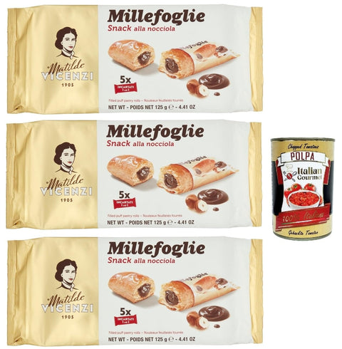 Matilde Vicenzi millefoglie snack alla nocciola, Blätterteigbacken, knusprige und zarte, snack gefüllt von Haselnusscreme 3x 125g Original italienisch inkl. Italian Gourmet Polpa 400g