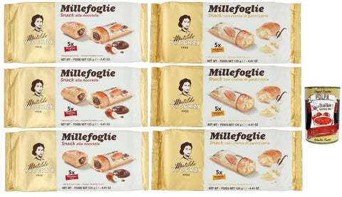 Matilde Vicenzi millefoglie snack Testpaket, Blätterteigbacken, knusprige und zarte, snack gefüllt von Haselnusscreme und creme 6x 125g Original italienisch inkl. Italian Gourmet Polpa 400g