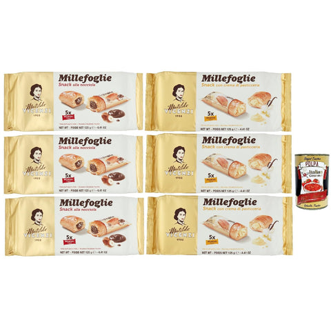 Matilde Vicenzi millefoglie snack Testpaket, Blätterteigbacken, knusprige und zarte, snack gefüllt von Haselnusscreme und creme 6x 125g Original italienisch inkl. Italian Gourmet Polpa 400g