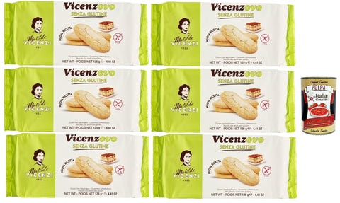 Matilde Vicenzi Savoiardi Vicenzovo, Laktose und glutenfrei, traditionelle, einfache und leichte Kekse, hergestellt mit 26% frischen Eiern, Zucker und Mehl, 6x 125gr Original italienisch inkl. Italian Gourmet Polpa 400g