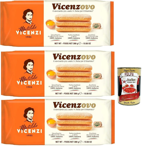 Matilde Vicenzi Savoiardi Vicenzovo, Traditionelle, einfache und leichte Kekse, hergestellt mit 26% frischen Eiern, Zucker und Mehl, 3x 300 g Original italienisch inkl. Italian Gourmet Polpa 400g