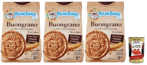 Mulino Bianco Biscotti Buongrano con 100% Farina Integrale, Kekse mit 100% vollem Mehl, Frühstück voller Faser und Geschmack 3x 350 g inkl. Italian Gourmet polpa 400g Original italienisch