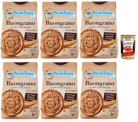 Italian Gourmet E.R. Snack Kuchen & Backwaren Mulino Bianco Biscotti Buongrano con 100% Farina Integrale, Kekse mit 100% vollem Mehl, Frühstück voller Faser und Geschmack, 6x 350 g + Italian Gourmet polpa 400g 8032804040014