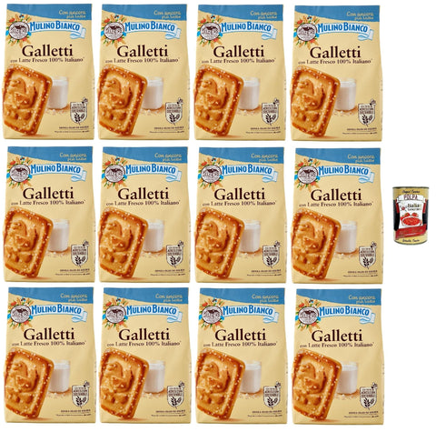 Mulino Bianco Biscotti Frollini Galletti, Kekse Mit frischer Milch 100% Italienisch, Ohne Palmöl, Frühstück voller Geschmack, 12x 350 g Original italienisch inkl. Italian Gourmet Polpa 400 g