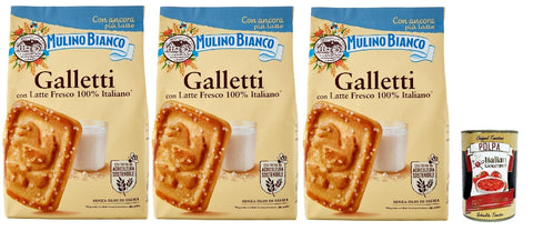 Mulino Bianco Biscotti Frollini Galletti, Kekse Mit frischer Milch 100% Italienisch, Ohne Palmöl, Frühstück voller Geschmack, 3x 350 g Original italienisch inkl. Italian Gourmet Polpa 400 g
