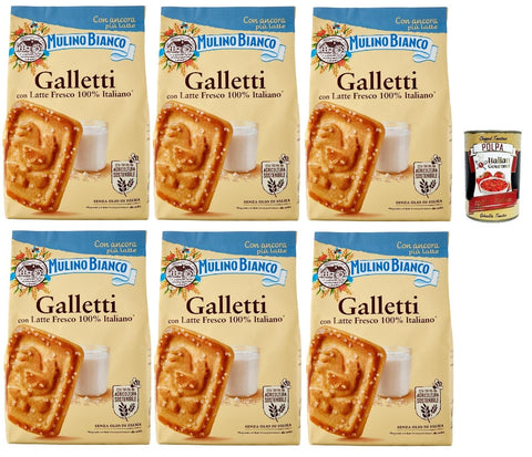 Italian Gourmet E.R. Snack Kuchen & Backwaren Mulino Bianco Biscotti Frollini Galletti, Kekse Mit frischer Milch 100% Italienisch, Ohne Palmöl, Frühstück voller Geschmack, 6x 350 g + Italian Gourmet polpa 400 g 8032804040014