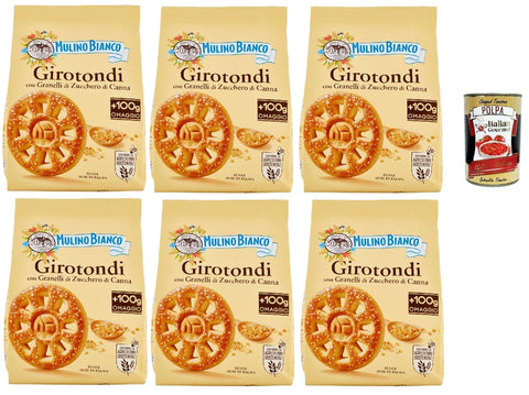 Mulino Bianco Girotondi Biscotti con Granelli di Zucchero di Canna, Kekse mit Zuckerzuckerkörnern, Ohne Palmöl, Frühstück voller Geschmack, buscits cookies 6x 800 g Original italienisch inkl. Italian Gourmet Polpa 400 g