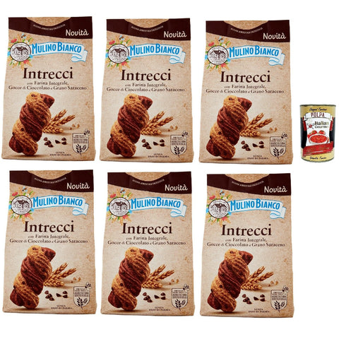 Mulino Bianco Intrecci Biscotti, Vollkorn - Kekse mit Kakao - Gebäck und Schokoladenchips, biscuits, cookies 6x 300g inkl. Italian Gourmet polpa 400g Original italienisch