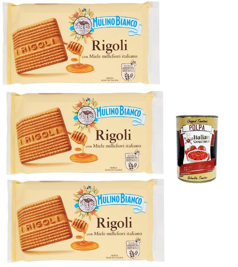 Mulino Bianco Rigoli Biscotti con Miele Millefiori Italiano, Kekse mit italienischem Millefiori-Honig, biscuits cookies, 3x 400 g Original italienisch inkl. Italian Gourmet Polpa 400g