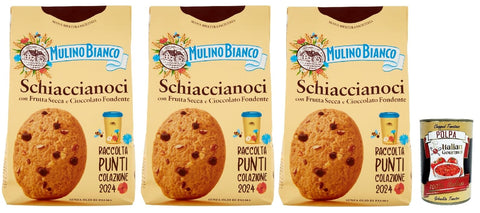 Italian Gourmet E.R. Snack Kuchen & Backwaren Mulino Bianco Schiaccianoci Biscotti con Frutta Secca e Cioccolato Fondente, Kekse mit getrockneten Früchten und dunkle Schokolade, biscuits cookies 3x 300g + Italian Gourmet polpa 400g 8032804040014