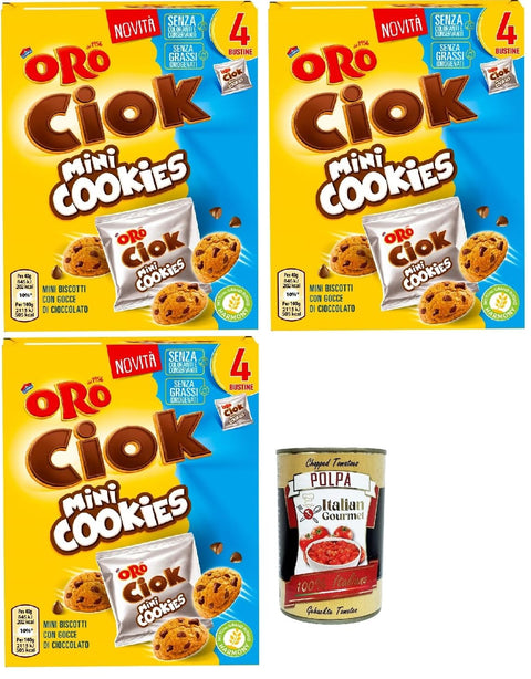 Italian Gourmet E.R. Snack Kuchen & Backwaren Oro Ciok Mini Cookies, Mini -Kekse -Kekse füllen Milchschokoladenchips, einfacher und köstlicher Snack, natürliche Faserquelle, 3x 160g (4 Einzelpotten von 40 g) + Italian Gourmet polpa 400g 8032804040014