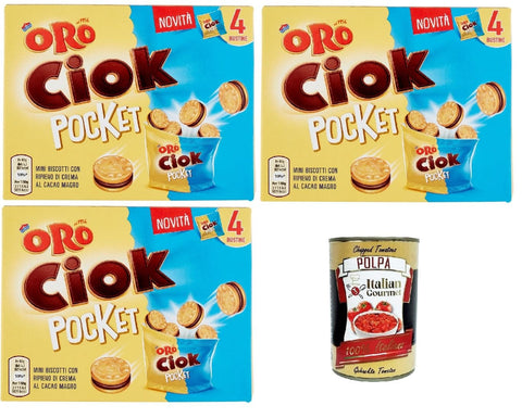 Italian Gourmet E.R. Snack Kuchen & Backwaren Oro Ciok Pocket, Mini -Kekse mit leckerer Milchschokoladencreme, einfacher und köstlicher Snack, natürliche Faserquelle, 3x 140 g (4 Einzelpotten von 40 g) + Italian Gourmet polpa 400g 8032804040014
