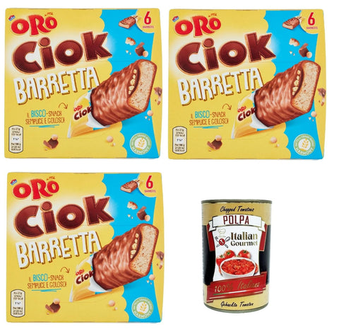 Italian Gourmet E.R. Snack Kuchen & Backwaren Oro Ciok Saiwa Barretta, Duftender riegel Keks, überzogen mit Milchschokolade und gefüllt mit Puffreis und Kakao, 3x 162 g + Italian Gourmet polpa 400g 8032804040014