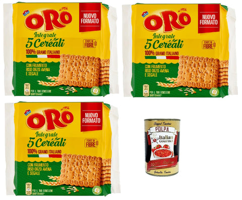 Italian Gourmet E.R. Snack Kuchen & Backwaren Oro Saiwa 5 Cereali, Vollkreidekekse mit Weizen, Reis, Gerste, Hafer und Roggen, Magnesiumquelle und voller Ballaststoffe, 100% italienischer Weizen, 3x 420 g + Italian Gourmet polpa 400g 8032804040014