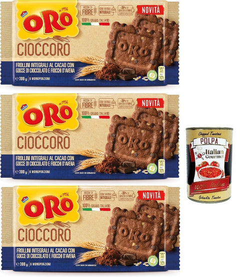 Italian Gourmet E.R. Snack Kuchen & Backwaren Oro Saiwa Cioccoro, Vollkorn-Kakao-Shortbread kekse mit Schokoladenstückchen und Haferflocken, Ballaststoffquelle, cookies mit 100 % italienischer Weizen, 3x 300 g + Italian Gourmet polpa 400g 8032804040014
