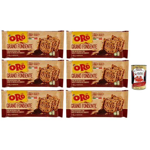 ORO SAIWA Grano Fondente, Vollkreidekekse mit dunklen Schokoladenchips, Ballaststoffe mit Vollkornmehl, 100% italienischer Weizen, 6x 300 g (6 Einzelpotten von 50 g) Original italienisch inkl. Italian Gourmet Polpa 400g