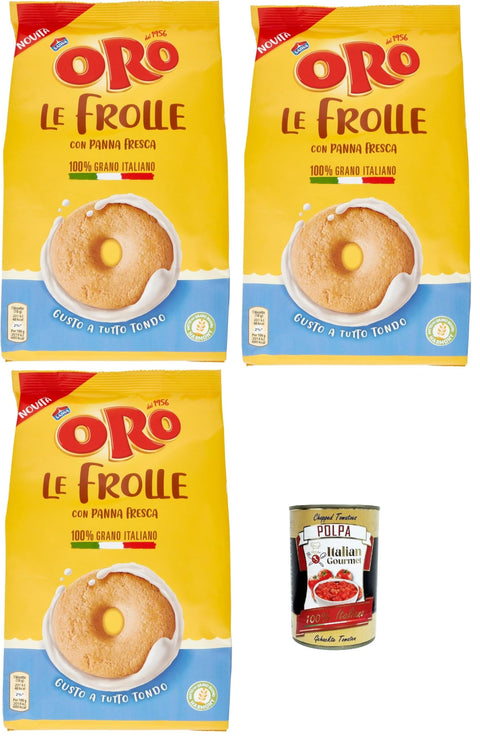 Italian Gourmet E.R. Snack Kuchen & Backwaren Oro Saiwa, Le Frolle con Panna Fresca- Italienische Mürbeteigkekse mit Sahnegeschmack,biscuits 100 % italienische Milch, 3x 350g + Italian Gourmet polpa 400g 8032804040014