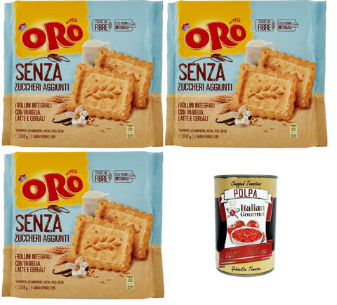 Italian Gourmet E.R. Snack Kuchen & Backwaren Oro Saiwa senza Zuccheri Aggiunti, Kekse ohne Zuckerzusatz, Vollkebekekuiten mit Vanille, Milch und Getreide, Faserquelle mit Vollkornmehl, 3x 300g, biscuits cookies + Italian Gourmet polpa 400g 8032804040014