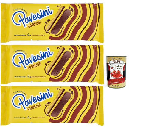Italian Gourmet E.R. Snack Kuchen & Backwaren Pavesi Pavesini Double, Snack Croccante con Cioccolato Fondente, Knuspriger Snack mit dunkler Schokolade, leichter Snack, 3x 60g + Italian Gourmet polpa 400g 8032804040014