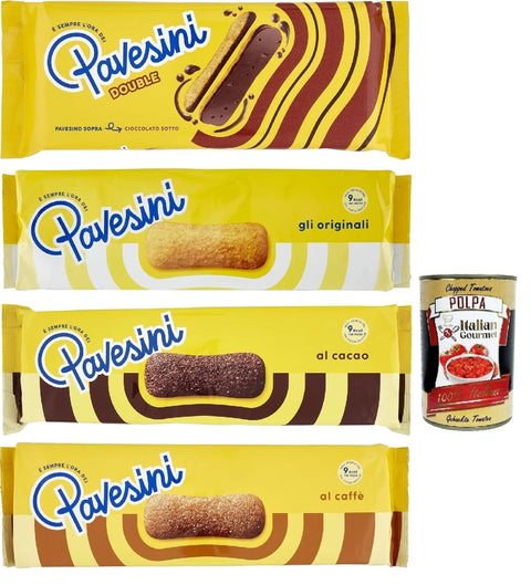Italian Gourmet E.R. Snack Kuchen & Backwaren Pavesi Pavesini Testpaket, Snack Croccante Classico, Cioccolato, caffe', double, Knuspriger Snack mit dunkler Schokolade, leichter Snack, 4 Stücke + Italian Gourmet polpa 400g 8032804040014