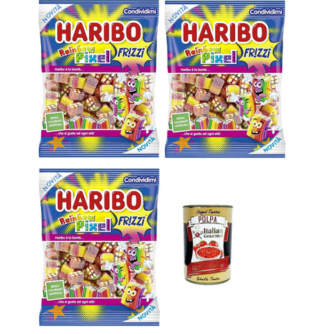 Rainbow Pixel Caramelle Gommose Frizzanti, Gusto Frutta, Funkelnde Gummibonkänen, Obstgeschmack 3x 160g inkl. Italian Gourmet polpa 400g Original italienisch