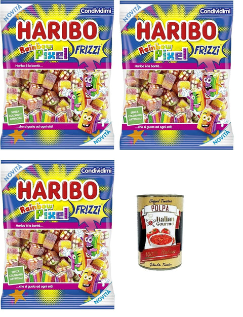 Italian Gourmet E.R. Snack Kuchen & Backwaren Rainbow Pixel Caramelle Gommose Frizzanti, Gusto Frutta, Funkelnde Gummibonkänen, Obstgeschmack 3x 160g + Italian Gourmet polpa 400g 8032804040014