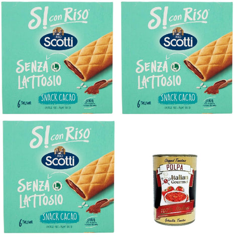 Italian Gourmet E.R. Snack Kuchen & Backwaren Riso Scotti, Si con Riso, Barretta Snack con Farina di Riso e Ripieno al Cacao, Snackriegel mit Reismehl und laktosefreier Kakaofüllung, Palmöl ohne, 3x 150g + Italian Gourmet polpa 400g 8032804040014